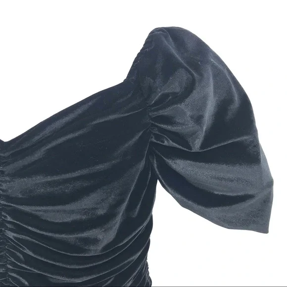 Anthropologie Hutch Black Ruched Puff Off Shoulder Sleeve Mini Dress Size 14 NWT - Picture 4 of 10